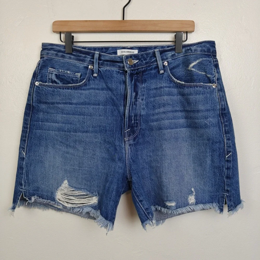 Good American Womens Shorts 10/30 Blue Distressed Frayed Hem High Rise Denim